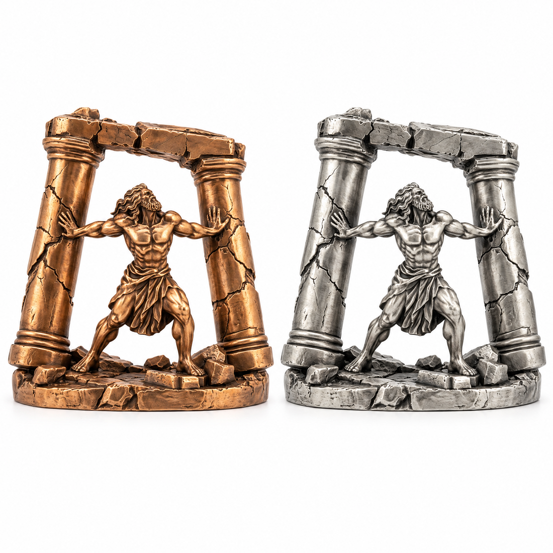 Samson and the Pillars statue in solid bronze and 999+ silver, front view, side by side