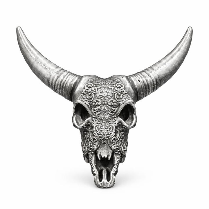 Decorated Longhorn Skull hand-poured 999+ silver statue by Gold Spartan
