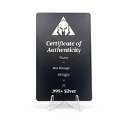 Matching metal certificate of authenticity for Gold Spartan 500 Series statues