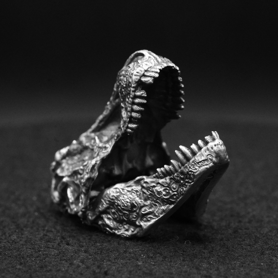 Decorated T-Rex Skull hand poured 999 silver statue collectible by Gold Spartan