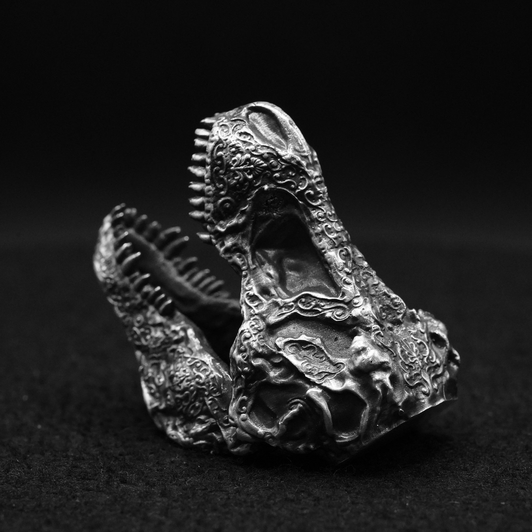 Decorated T-Rex Skull hand poured 999 silver statue collectible by Gold Spartan