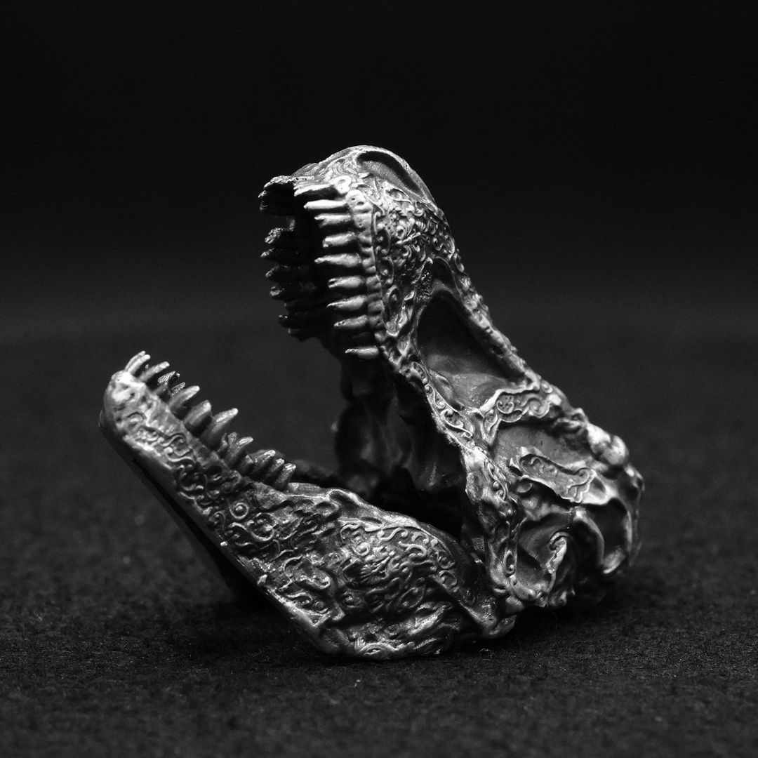 Decorated T-Rex Skull hand poured 999 silver statue collectible by Gold Spartan