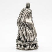 Close-up of Odysseus silver statue face and armor detail, hand-finished in Texas