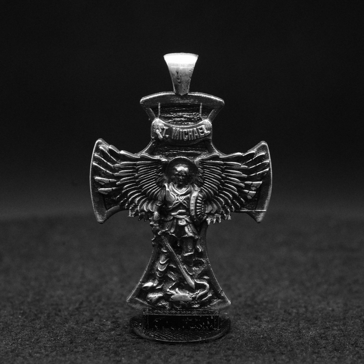 Saint Michael Cross Pendant hand poured 999 silver statue collectible by Gold Spartan