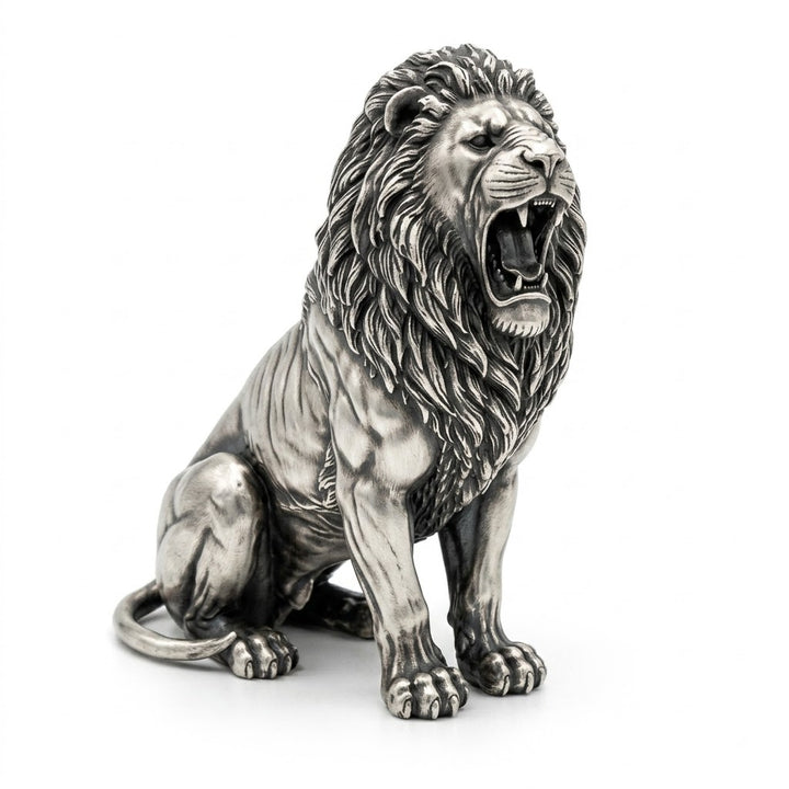 Lion Roar statue hand-poured in 999+ fine silver by Gold Spartan, seated with open jaw and full mane