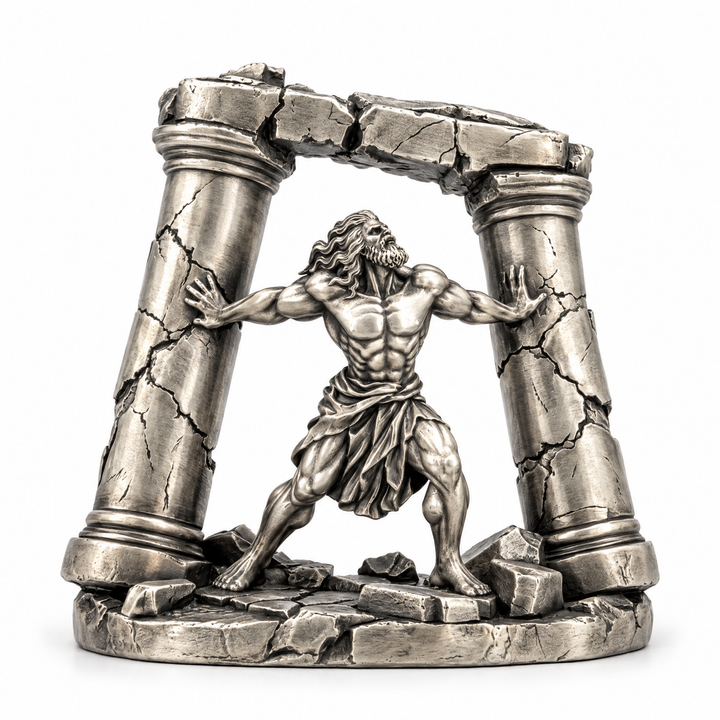 Samson and the Pillars statue in 999+ silver, front view