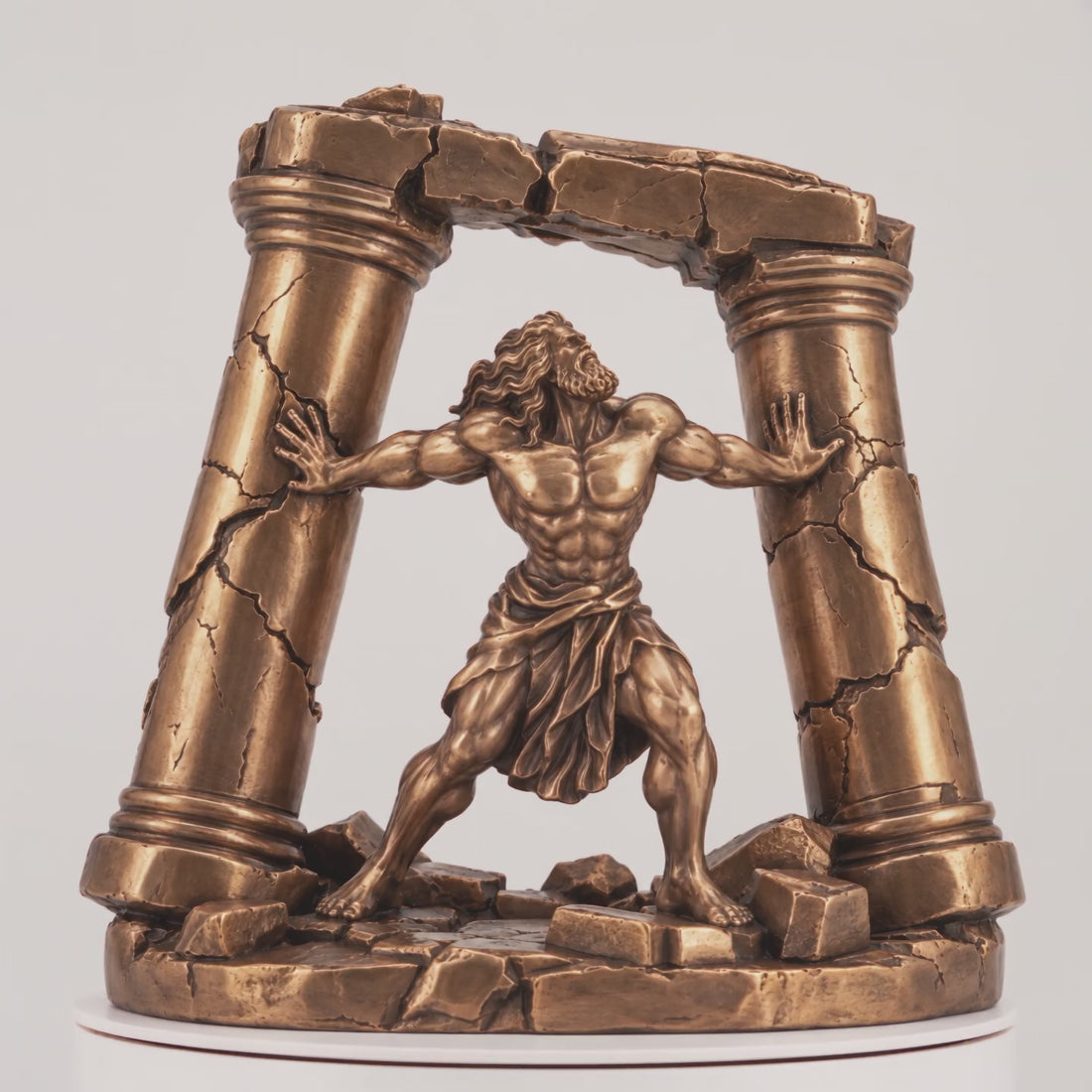 Samson and the Pillars statue in solid bronze, turning view