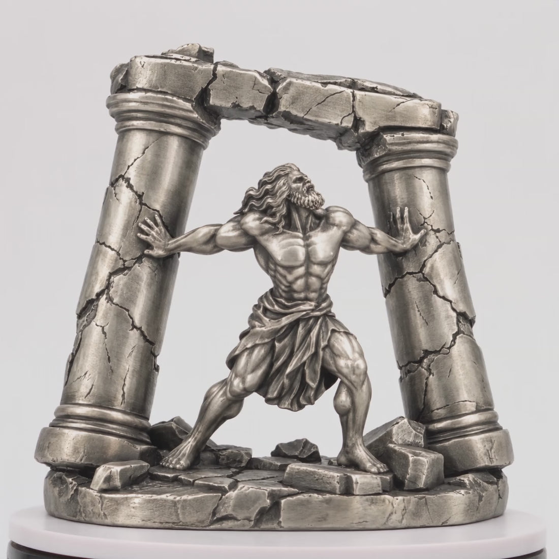 Samson and the Pillars statue in 999+ silver, turning view