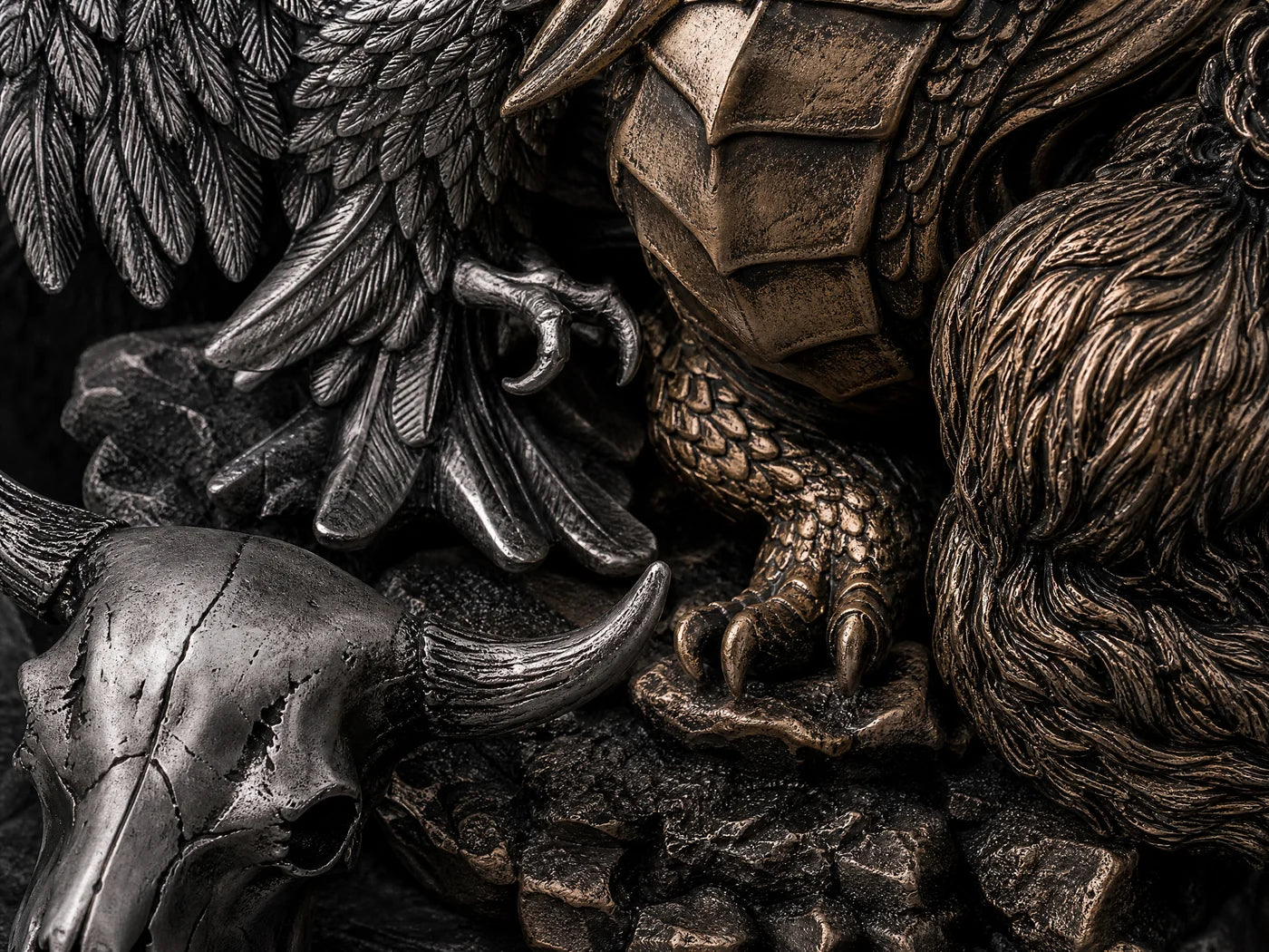 Macro close-up of sculpted metallic statue texture and hand-finished details