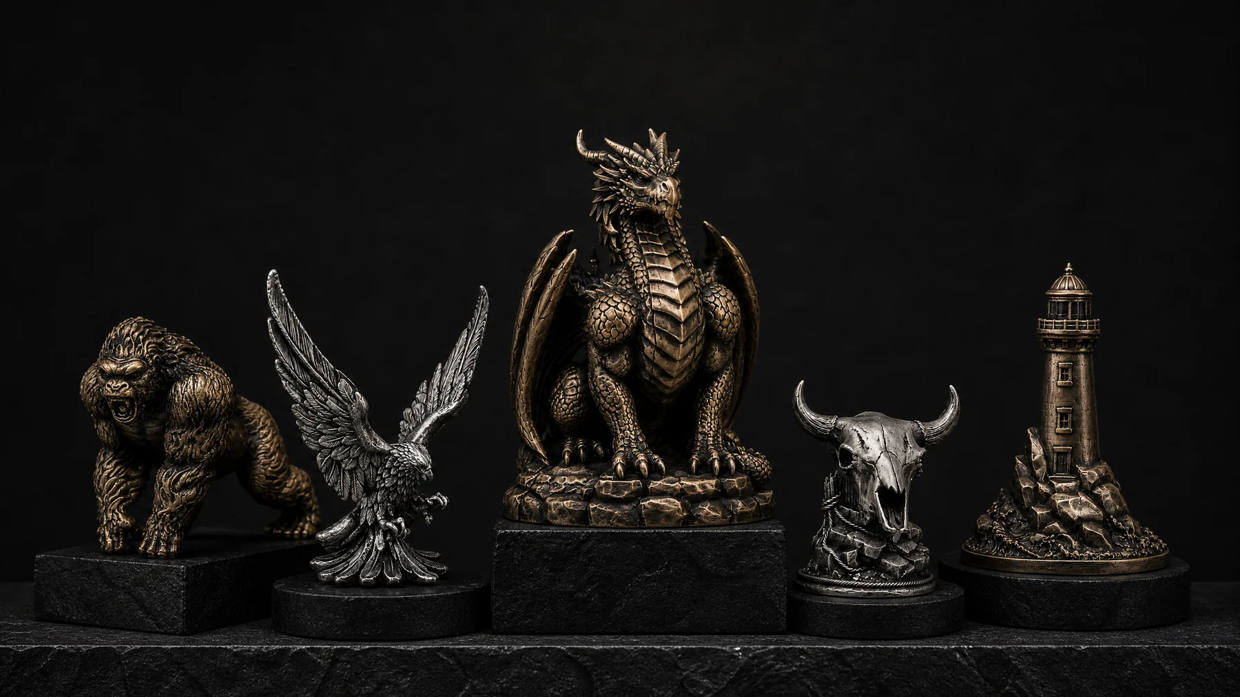 A collector display shelf filled with silver and bronze Gold Spartan style statues
