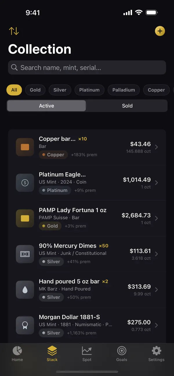 Stack Tracker collection screen with metals inventory list.
