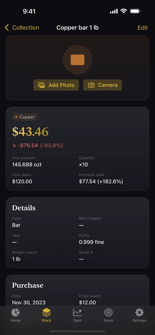 Item detail screenshot with purchase data, metal details, notes, and collector fields.