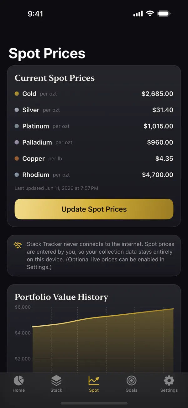 Stack Tracker spot price screen with precious metal prices.